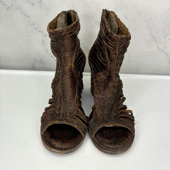 Freebird Booties Heel Bela braided laser cut brown leather Sz 8 Boho Westen - Picture 5 of 16